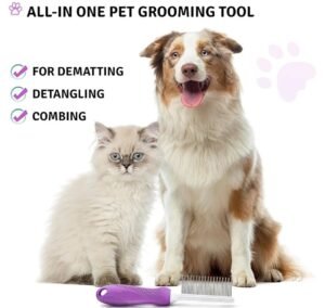 Detangling Pet Comb for Dogs & Cats with Long & Short Stainless Steel Teeth Detangling Cat Comb for Removing Matted Hair & Knots, Pet Tool Accessories for Safe & Gentle DIY Dogs & Cats Grooming