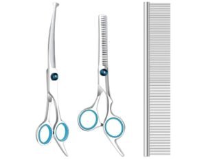Maxshop Dog Grooming Scissors with Safety Round Tips, Heavy Duty Titanium Pet Grooming Trimmer Kit, Professional Thinning Shears, Curved Scissors with Comb for Dogs and Cats (Set of 3)heavy duty