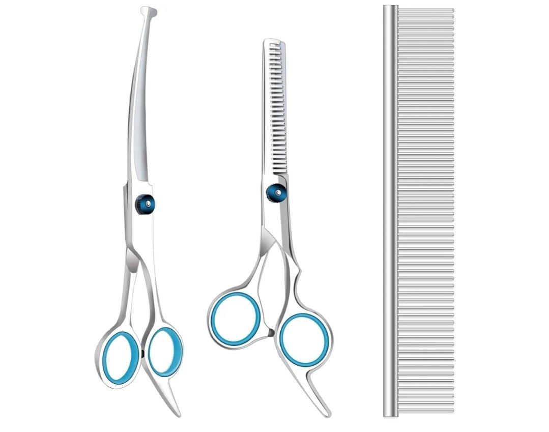 Maxshop Dog Grooming Scissors with Safety Round Tips, Heavy Duty Titanium Pet Grooming Trimmer Kit, Professional Thinning Shears, Curved Scissors with Comb for Dogs and Cats (Set of 3)heavy duty