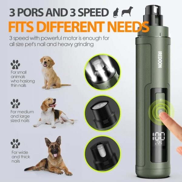 Dog Nail Grinder Upgraded - Professional 3-Speed Super Quiet and Low Vibration Electric Pet Nail Grinder with 4 LED Lights - Painless Paws Grooming & Smoothing for Small to Large Dogs (Black) - Image 2