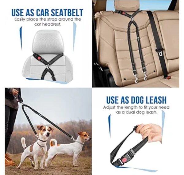 SlowTon Double Dog Seat Belt, New Dual Pet Car Headrest Restraint Safety Seatbelt No Tangle Dog Leash Duty Adjust Elastic Bungee Puppy Lead Splitter Connect Harness in Vehicle Travel for 2 Dogs - Image 2