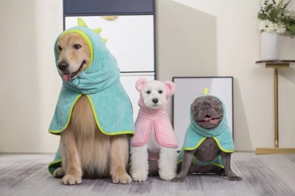 Super Soft Fast-Drying Dog Towel Set for Cold Weather, Beach, Pool - Adjustable Microfiber Bath Robe with Drying Gloves for Cats and Dogs (M, Blue Dino) - Image 2