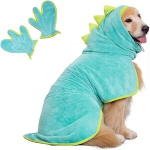 Super Soft Fast-Drying Dog Towel Set for Cold Weather, Beach, Pool - Adjustable Microfiber Bath Robe with Drying Gloves for Cats and Dogs (M, Blue Dino)