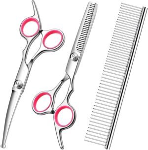Dog Grooming Scissors Kit with Safety Round Tips Stainless Steel Professional Dog Grooming Shears Set - Thinning, Curved Scissors and Comb for Dog Cat Pet