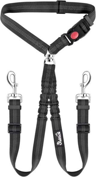 SlowTon Double Dog Seat Belt, New Dual Pet Car Headrest Restraint Safety Seatbelt No Tangle Dog Leash Duty Adjust Elastic Bungee Puppy Lead Splitter Connect Harness in Vehicle Travel for 2 Dogs