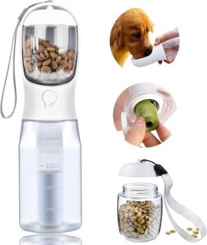 Dog Water Bottle with Food Container & Poop Bag Holder, Cat Travel Water Bowl, Portable Pet Dispenser, Dog Stuff Accessories Items, Puppy Essentials Necessities for Yorkie Chihuahua Walking Hiking