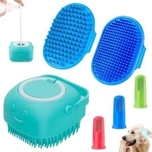 Dog Bath Brush - Shampoo Scrubber With Adjustable Ring Handle for Short & Long Hair (Blue)