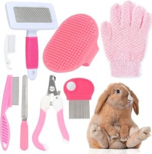Pink Small Animal Grooming Kit with Nail Clipper, Flea Comb, Shampoo Brush, Slicker Brush, Massage Glove for Rabbits and cats