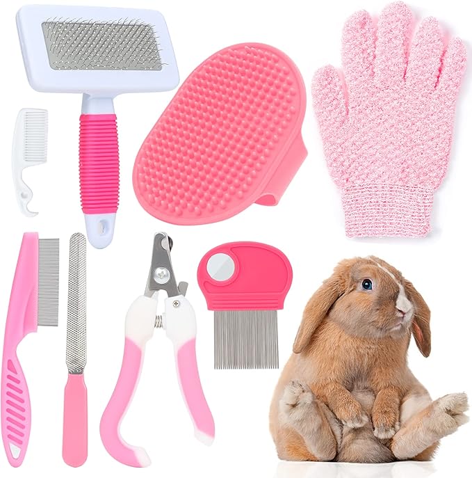 Pink Small Animal Grooming Kit with Nail Clipper, Flea Comb, Shampoo Brush, Slicker Brush, Massage Glove for Rabbits and cats