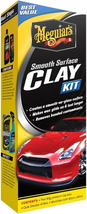 Meguiar's Smooth Surface Clay Kit - Includes 2 x 50g Premium Clay Bars, Quik Detailer 473ml and Microfibre Cloth 40cm x 40cm - Clay Bar Kit for Car Detailing - Automotive Detailing Clay