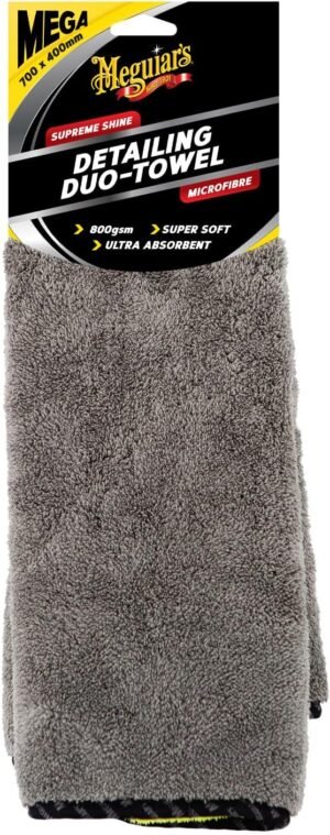 Meguiar's Mega Supreme Shine Detailing Duo Towel - Extra-Large, Machine Washable, Ultra-Absorbency, Premium Microfibre, Soft-Edging Shine Detailing Cloth for Vehicles - Yellow & Grey - 70cm x 40cm