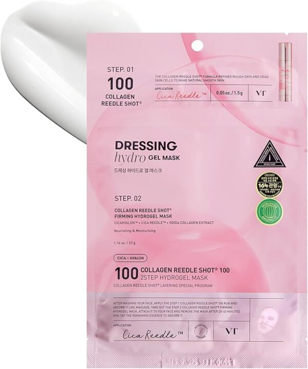 VT COSMETICS Collagen Reedle Shot 100 2-Step Hydrogel Mask, Intensive Firming, Exosome 500Da Collagen Face Mask, Skin Elasticity & Fine Lines, Overnight Melting Mask, Korean Facial Mask, 34.5g