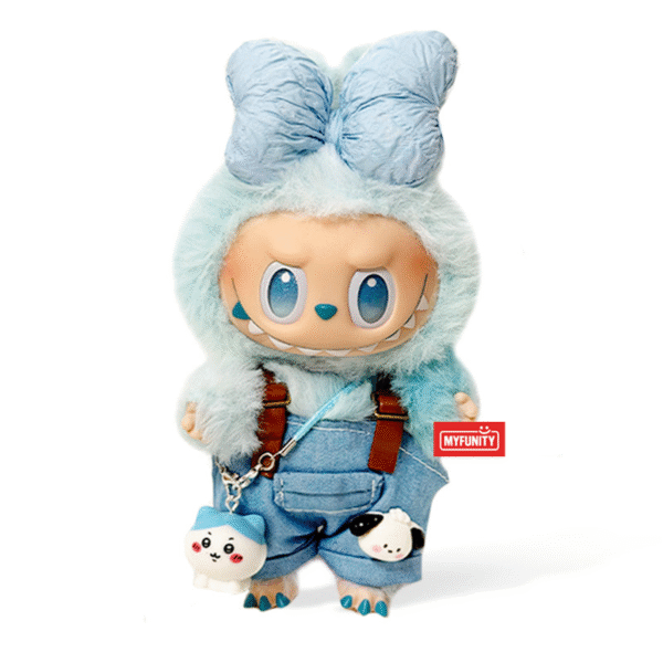 Labubu Outfit - Blue bow + overalls + Chiikawa keychain
