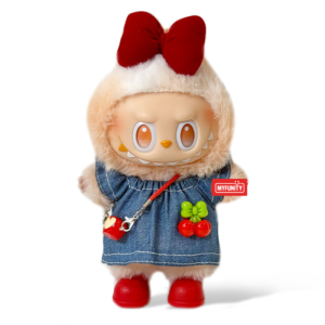 Labubu Outfit - Denim skirt + red shoes + red bow + small apple keychain