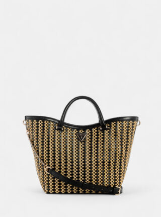 Beige black atalia raffia tote bag