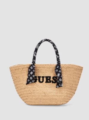 Beige black beach straw bag
