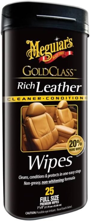 Meguiar's Gold Class Rich Leather Wipes - Best Automotive Care Leather Cleaner - for Use on Leather Upholestry, Auto Interiors and Accessories - Non-Toxic Leather Cleaner Wipes - 25 Pack