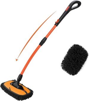 21°Curved Car Wash Brush with Long Handle,47" Car Cleaning Brush with Extension Pole, Microfiber Wash Mop Scratch-Free, Exterior Washer Mop for Washing Roof Truck Camper SUV Caravan