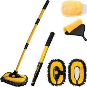 Car Wash Brush Kit, 5 Pack Detachable Chenille Microfiber Car Wash Mop Head with Long Handle, 180° Rotating Brush Extension Pole with Car Wash Mitt and Towel Cleaning Kit for RV Truck Camper