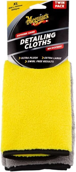Meguiar's XL Supreme Shine Detailing Cloth - Super Absorbent, Soft Silk, Microfibre Cleaning Cloth - Reusable and Machine Washable Cleaning Cloths for Cars - Twin Pack - 60 cm x 40 cm