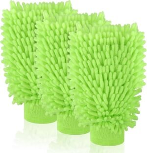 3 Pack Chenille Microfiber Car Wash Mitt, 7" x 9.8" Car Washing Mitts, Home Dusting Gloves, Scratch Free Lint-Free, Highly Absorbent, Double Sided, for Cleaning Detailing Polish (Green)