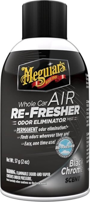 Meguiar's Black Chrome Air Re-Fresher, 57 g – Permanent Odor Eliminator and Air Refresher Aerosol for Car Interior, One-Time Use Mist Reaches Vents with Black Chrome Scent