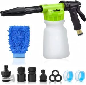 Car Wash Foam Gun, Snow Foam Gun Sprayer with 3/8" Brass Connector & 1L Bottle, Nozzles, Wash Mitt, Car Accessories for Men - Snow Foam Cannon Cleaner - Wash Kit for Washing Home Garden Watering Green