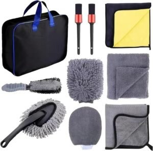 Car Wash Kit, COZY CORE 10 PCS Car Wash Tool Cleaning Kit with Storage Bag - Microfiber Mitts, Drying Towel, Waffle Cloths, Alloy Wheel Brush, 2 Detail Brushes, Valeting Essentials, Set