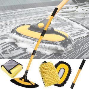 Car Wash Brush Kit, 43 Inch Long Handle Chenille Microfiber Car Wash Mop Head, 180° Rotating Detachable Extension Pole Wash Brush with Car Wash Mitt and Towel Cleaning Kit for Cars RV Truck Boat