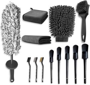 ZANZER 13Pcs Car Cleaning Kit with 40cm Extra Long Alloy Wheel Brush Detailing Brush Tire Brush Wash Mitt and Microfiber Towel, Auto Wash Set for Automotive Interior & Exterior Cleaning