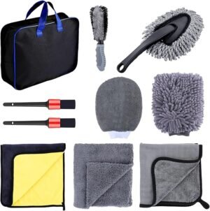 ZANZER 10Pcs Car Wash Kit with Storage: Washing and Detailing Mitts,Wheel Brush Set, Auto Cleaning Tools, Rim Cleaner, Detailing Brushes & Towel for Interior/Exterior Wheels/Dashboard/Air Vents