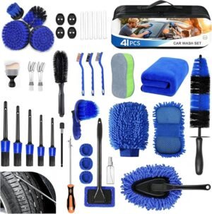 41Pcs Professional Car Detailing Kit, Car Wash Kit with Portable Handbag, Wet and Dry Use Car Cleaning Kit, Durable Drill Brush, Apply to Interior, Exterior, Wheels, Trucks, Motorcycles