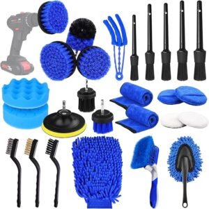 26Pcs Car Detailing Brush Set, Auto Drill Brush Set, Buffing Sponge Pads Kit, Cleaning Tools for Interior, Exterior, Wheels, Dashboard