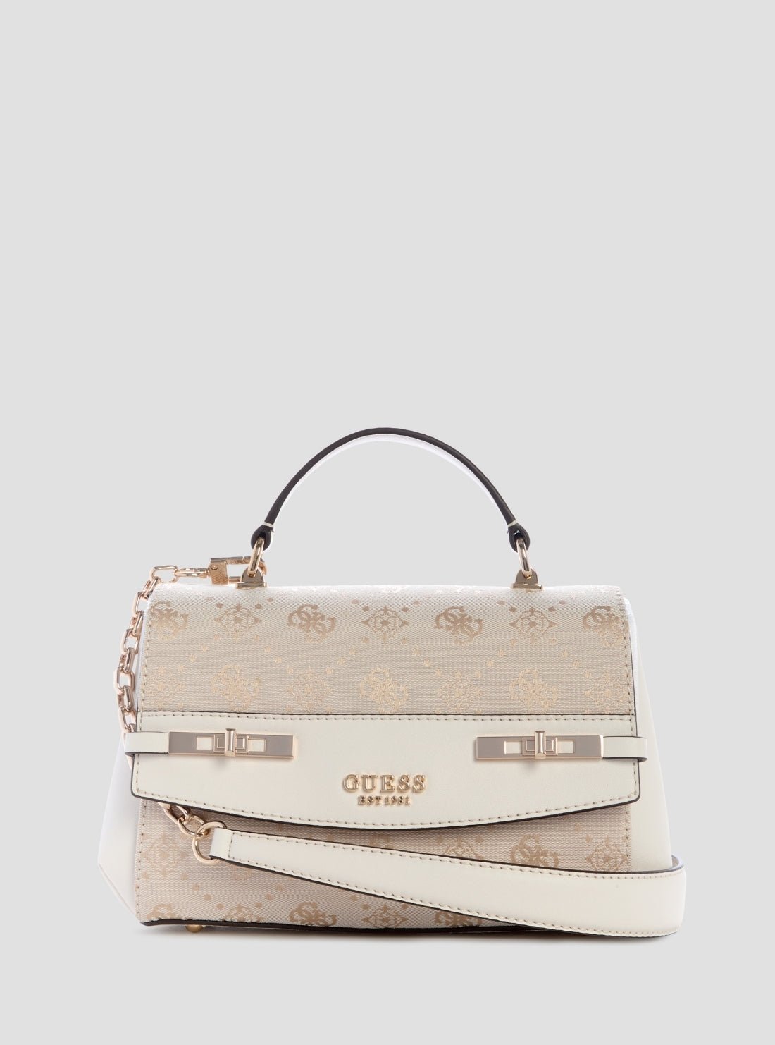 White logo melinda top handle flap bag