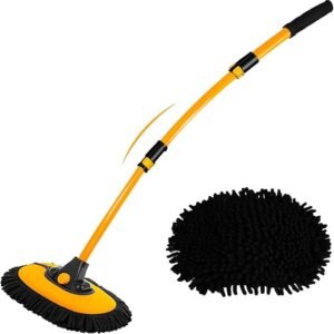 D&D EVA 15°Curved Car Wash Brush with Long Handle 43″ Extension Pole RV Truck Microfiber Cleaning Mop Auto SUV Wheel Boat Exterior Interior Detailing 2 in 1 Carwash Duster Not Hurt Paint Scratch Free