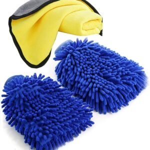 2 PCS Microfiber Car Wash Mitts and One Microfiber Cleaning Cloth，Large Siz Wash Glove Double Sided，Absorbent Microfibre Cleaning Mitts for Cars,Glass, Floor