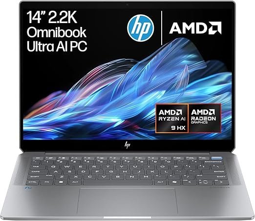 HP OmniBook Ultra AI 14” Laptop with Copilot: 14" 2.2K Touch Display, AMD Ryzen™ AI 9 HX Processor, 32GB RAM, 1TB SSD, Wi-Fi 7, Bluetooth® 5.4, 16.5-Hour Battery Life, Meteor Silver, AY6U8PA