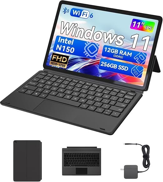 11 inch Intel N150 2-in-1 Laptops, Windows 11 Touchscreen PC by BNCF, 12GB RAM 256GB SSD,1920x1080 IPS FHD Portable Tablet USB-C/HDMI WiFi 6, 34.2Wh Battery with Pogo Pin Keyboard and Kickstand