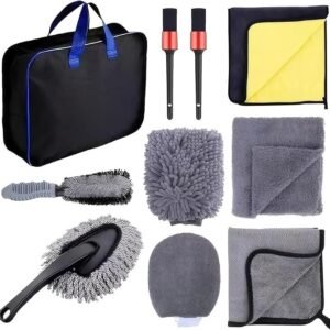 Car Wash Kit, COZY CORE 10 PCS Car Wash Tool Cleaning Kit with Storage Bag – Microfiber Mitts, Drying Towel, Waffle Cloths, Alloy Wheel Brush, 2 Detail Brushes, Valeting Essentials, Set