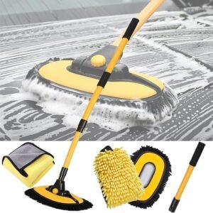 Car Wash Brush Kit, 43 Inch Long Handle Chenille Microfiber Car Wash Mop Head, 180° Rotating Detachable Extension Pole Wash Brush with Car Wash Mitt and Towel Cleaning Kit for Cars RV Truck Boat