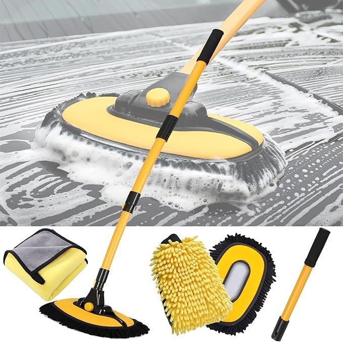 Car Wash Brush Kit, 43 Inch Long Handle Chenille Microfiber Car Wash Mop Head, 180° Rotating Detachable Extension Pole Wash Brush with Car Wash Mitt and Towel Cleaning Kit for Cars RV Truck Boat