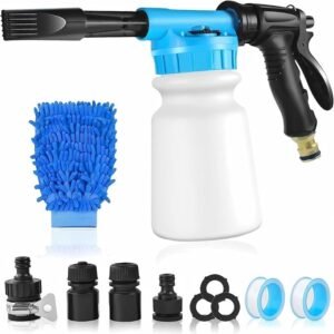 Car Wash Foam Gun, Snow Foam Sprayer with 3/8″ Brass Connector & 1L Bottle & Nozzles & Wash Mitt – Foam Cannon Garden Hose Sprayer, Car Accessories for Men – Snow Foam Blaster Watering Kit (Blue)