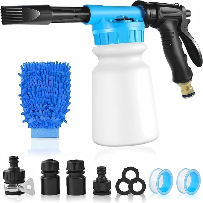 Car Wash Foam Gun, Snow Foam Sprayer with 3/8" Brass Connector & 1L Bottle & Nozzles & Wash Mitt - Foam Cannon Garden Hose Sprayer, Car Accessories for Men - Snow Foam Blaster Watering Kit (Blue)