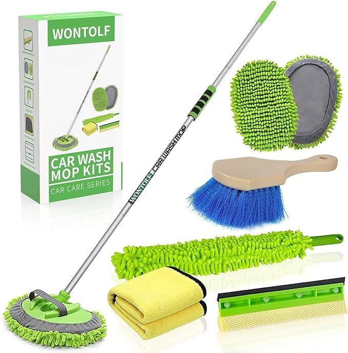 62'' Car Wash Brush with Long Handle Chenille Microfiber Car Wash Mitt Car Cleaning Kit Windshield Window Squeegee Car Duster Microfiber Towels Wheel Tire Brush for Cars RV Truck Boat