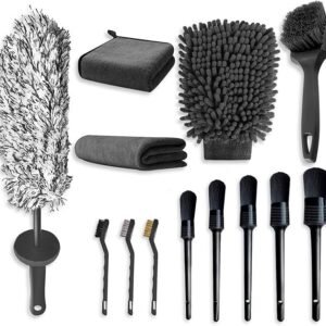 ZANZER 13Pcs Car Cleaning Kit with 40cm Extra Long Alloy Wheel Brush Detailing Brush Tire Brush Wash Mitt and Microfiber Towel, Auto Wash Set for Automotive Interior & Exterior Cleaning