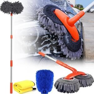 54″ Car Wash Mop Kit, Microfiber Car Wash Brush 360° Rotation Double-Head Long Handle Stainless Steel Pole Cleaning Scratch Free Detachable Scrubber Supply for Washing Car, Window, Wall, Home