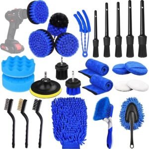 26Pcs Car Detailing Brush Set, Auto Drill Brush Set, Buffing Sponge Pads Kit, Cleaning Tools for Interior, Exterior, Wheels, Dashboard