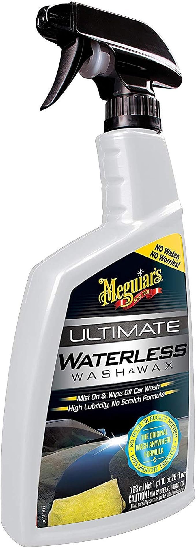 Meguiar's Ultimate Waterless Wash and Wax, 26 Oz | No Scratch Formula Gently Cleans and Adds Wax Protection in One Step | No Hose or Rinsing Required with Polymer Gloss Finish