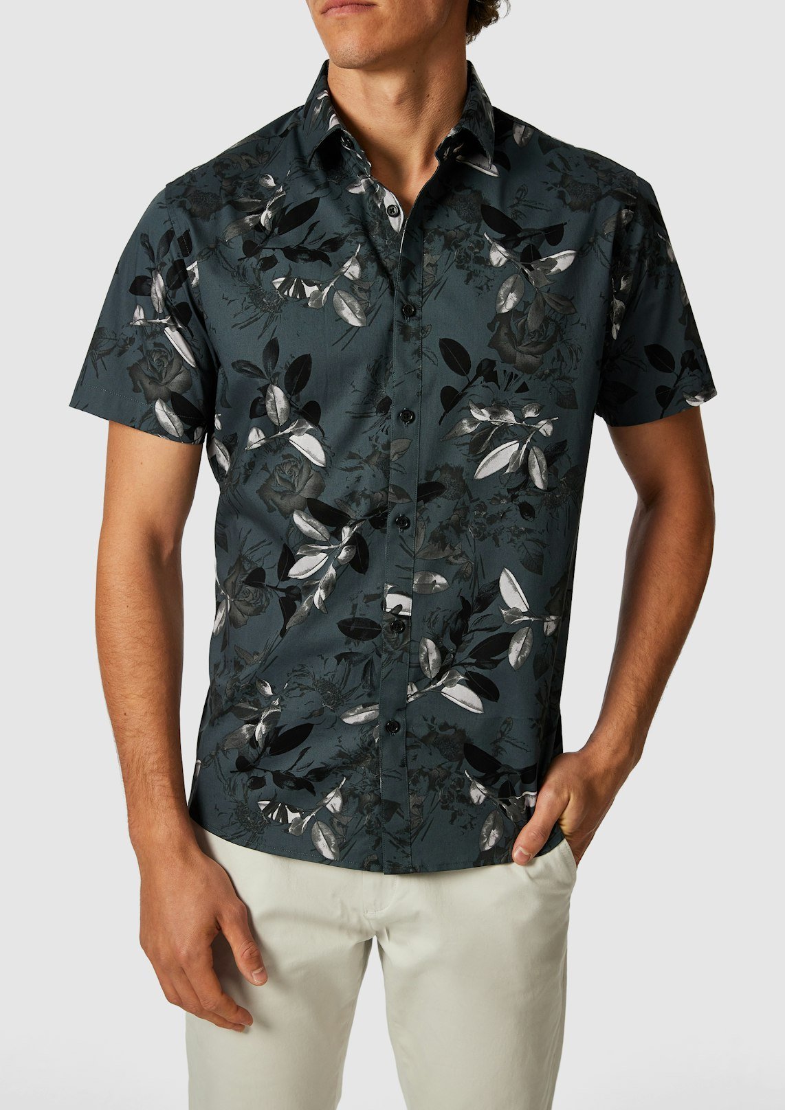 Green Adrian Foliage Slim Stretch Short Sleeve Shirt