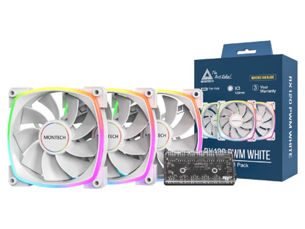 Montech RX120 PWM 120mm ARGB Reverse Fan - White (3-Pack)
